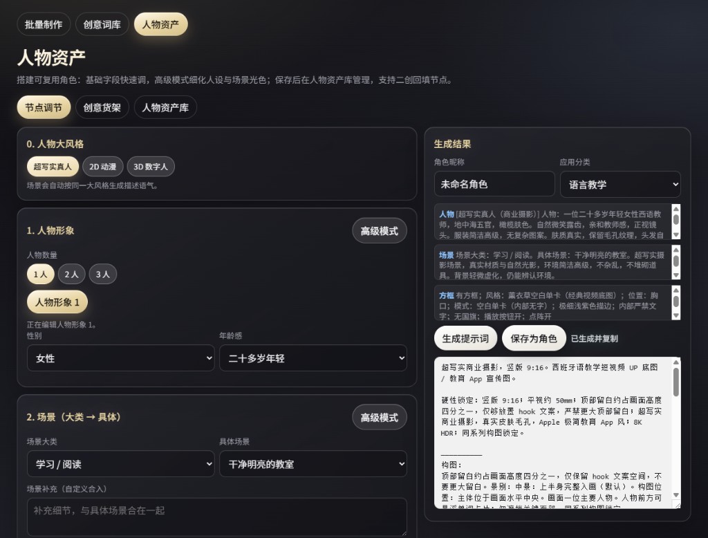 人物资产生产工具完整界面