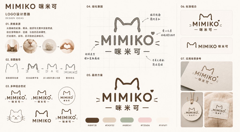 MIMIKO Logo 灵感、草图、色彩和应用场景设计
