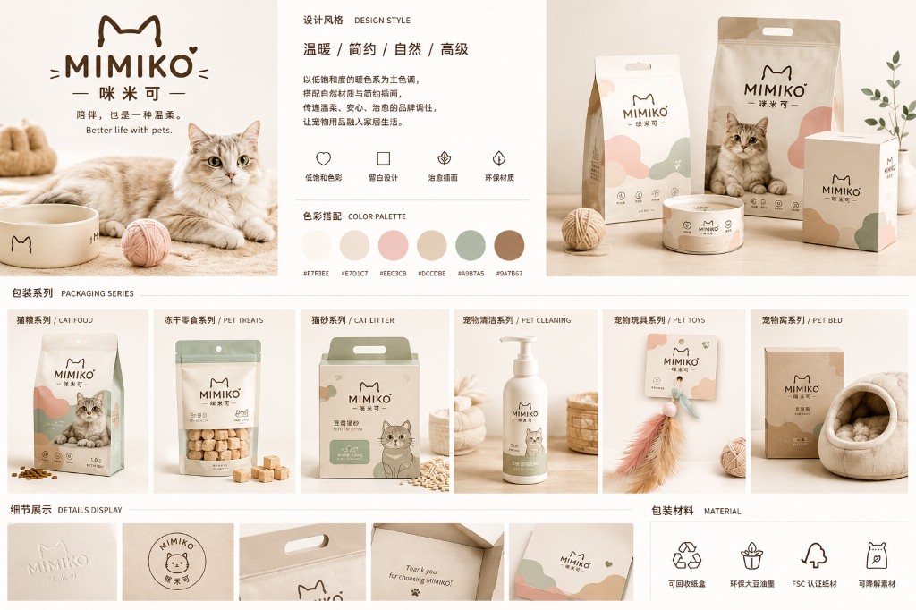 MIMIKO 宠物食品、清洁、玩具和猫窝包装系统